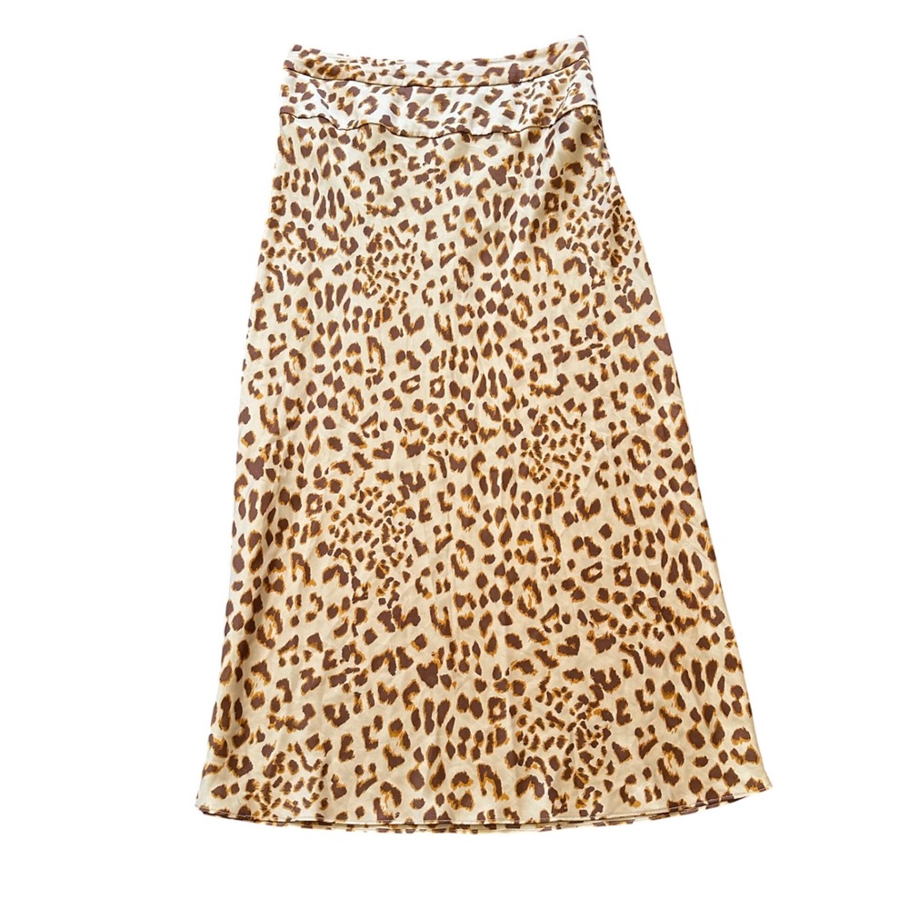 Free People Leopard Print Satin Midi Skirt Tan Brown Animal Print Size 10